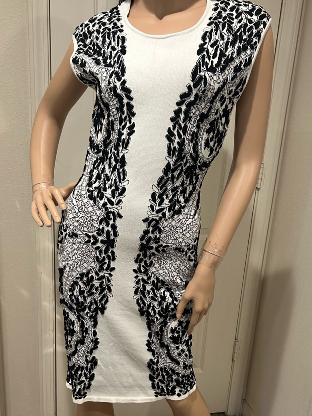 BCBGMaxAzria Classic White Dress with Black Embroidered Panels
